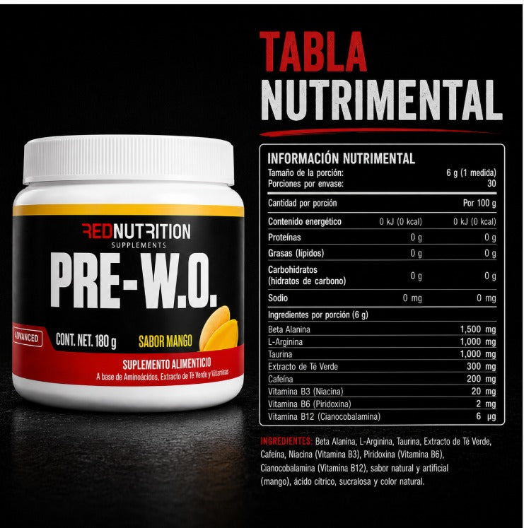 RED PRE-W.O. — Pre Entreno | 180g | Sabor Mango | 30 porciones