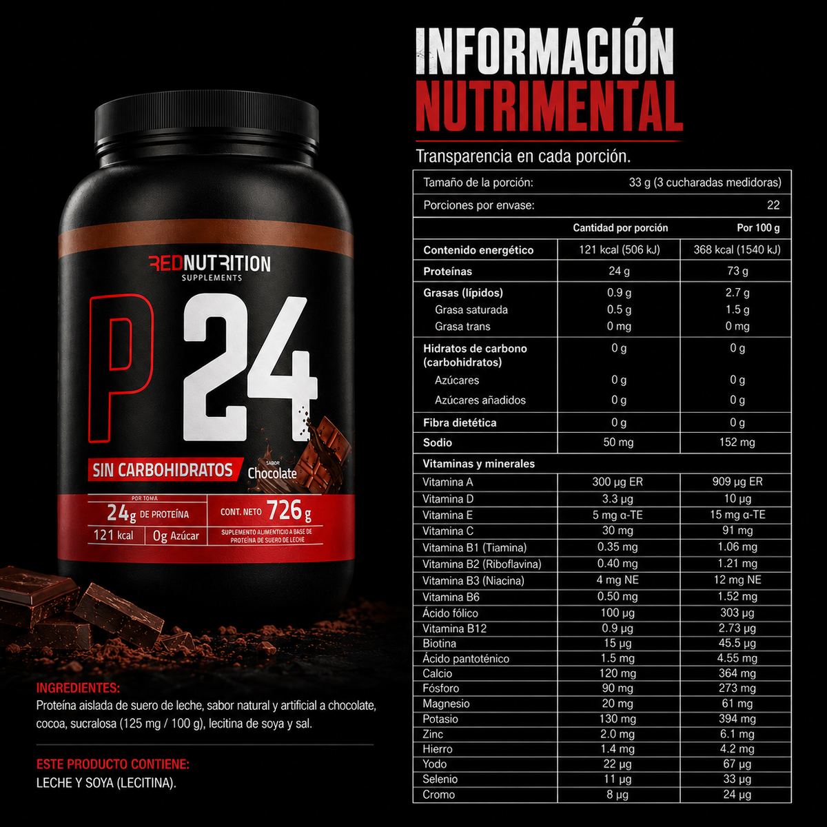RED Proteína Aislada | 726g | Chocolate | 24gr proteína por servicio | 22 porciones