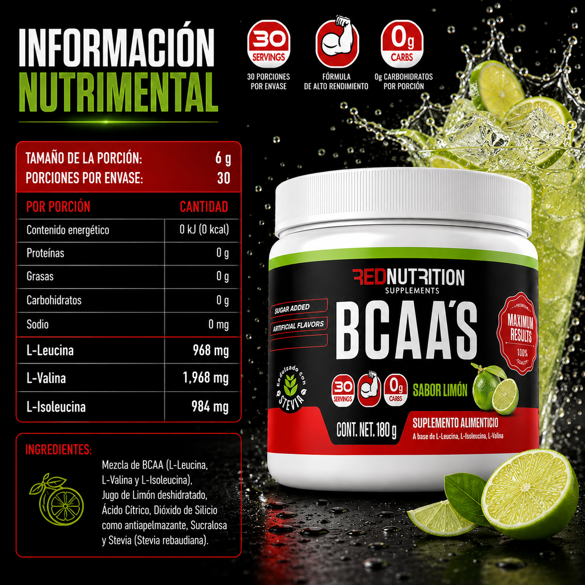 RED BCAAs | 180g | Sabor Limón | 30 porciones