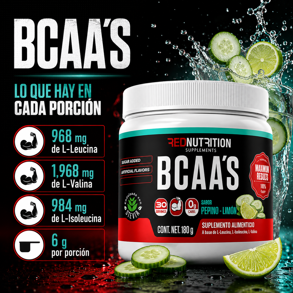 RED BCAAs | 180g | Sabor Pepino Limón | 30 porciones