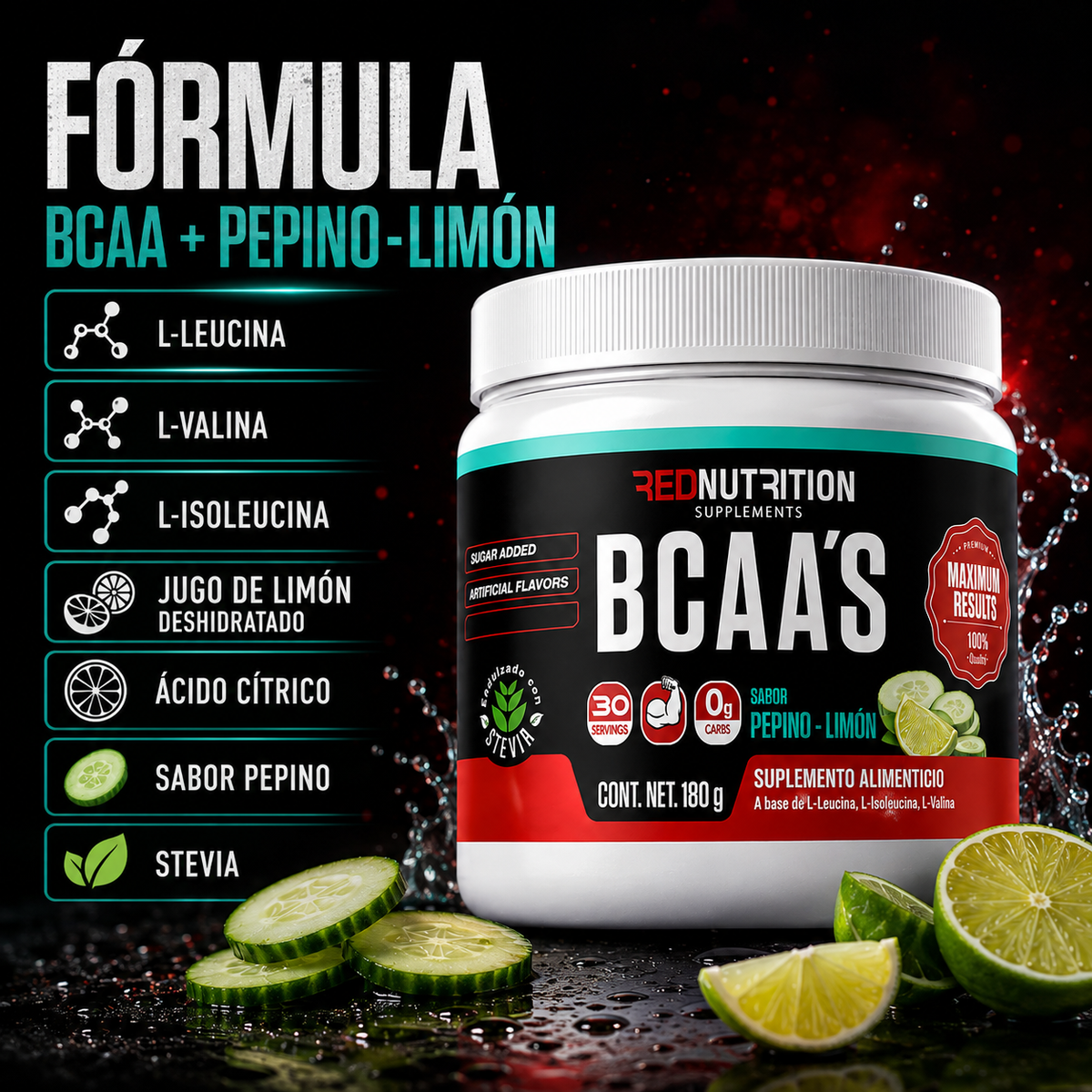 RED BCAAs | 180g | Sabor Pepino Limón | 30 porciones