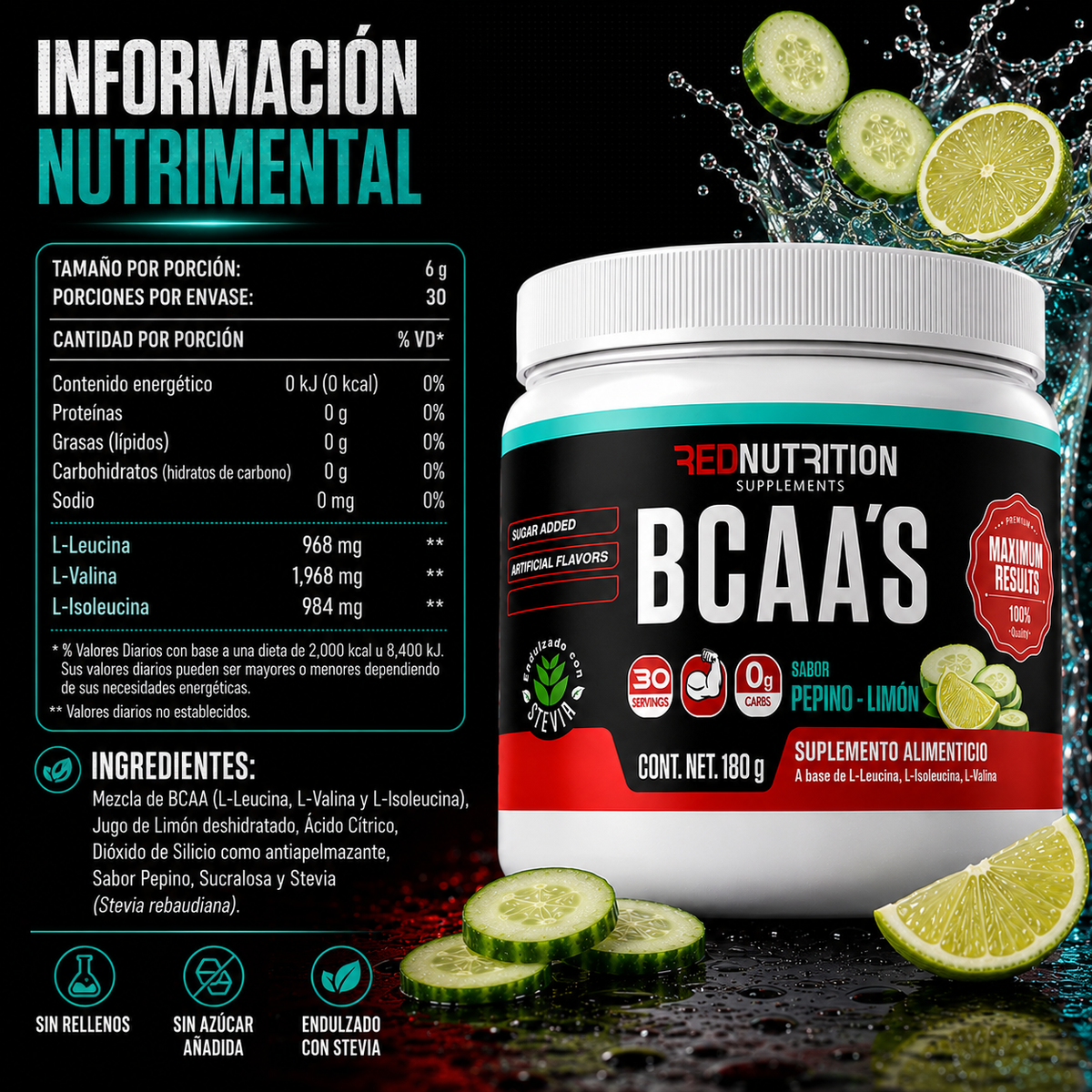 RED BCAAs | 180g | Sabor Pepino Limón | 30 porciones