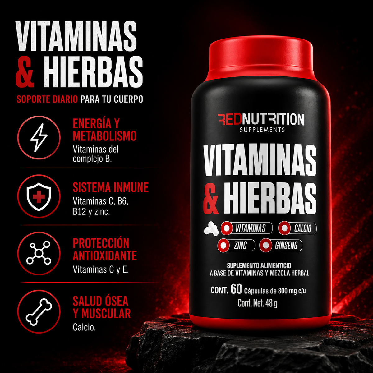 RED Vitaminas & Hierbas | 60 cáps | 800mg c/u | 60 porciones