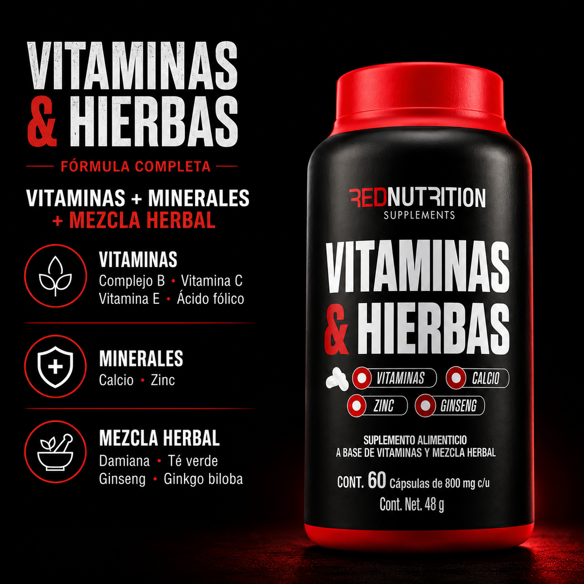 RED Vitaminas & Hierbas | 60 cáps | 800mg c/u | 60 porciones