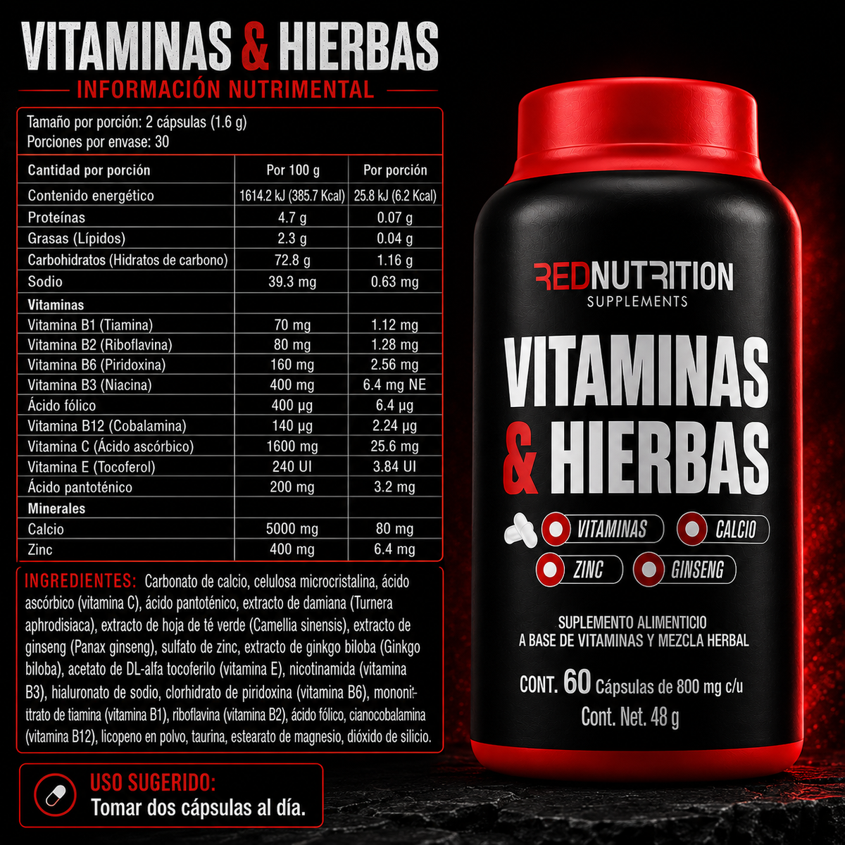RED Vitaminas & Hierbas | 60 cáps | 800mg c/u | 60 porciones