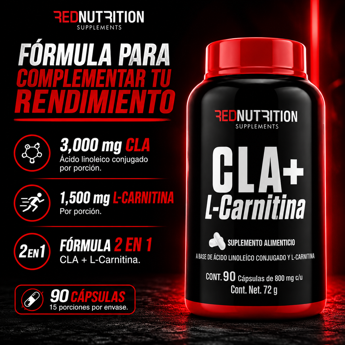RED CLA + L-Carnitina | 90 cáps | 800mg c/u | 45 porciones