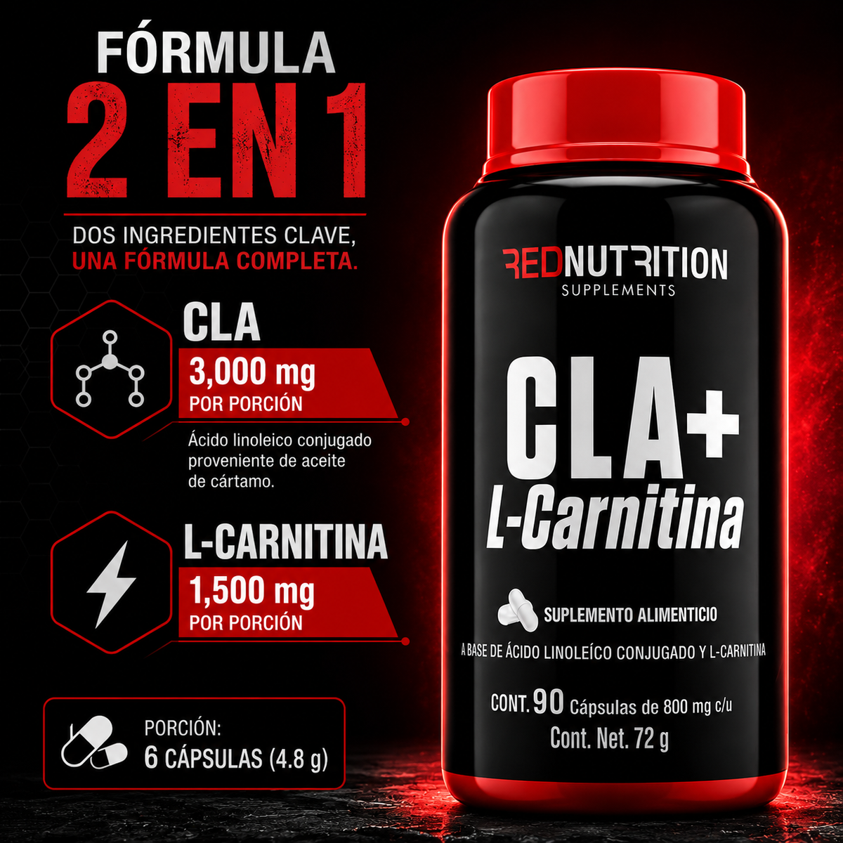 RED CLA + L-Carnitina | 90 cáps | 800mg c/u | 45 porciones