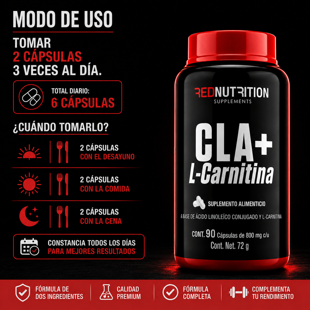 RED CLA + L-Carnitina | 90 cáps | 800mg c/u | 45 porciones