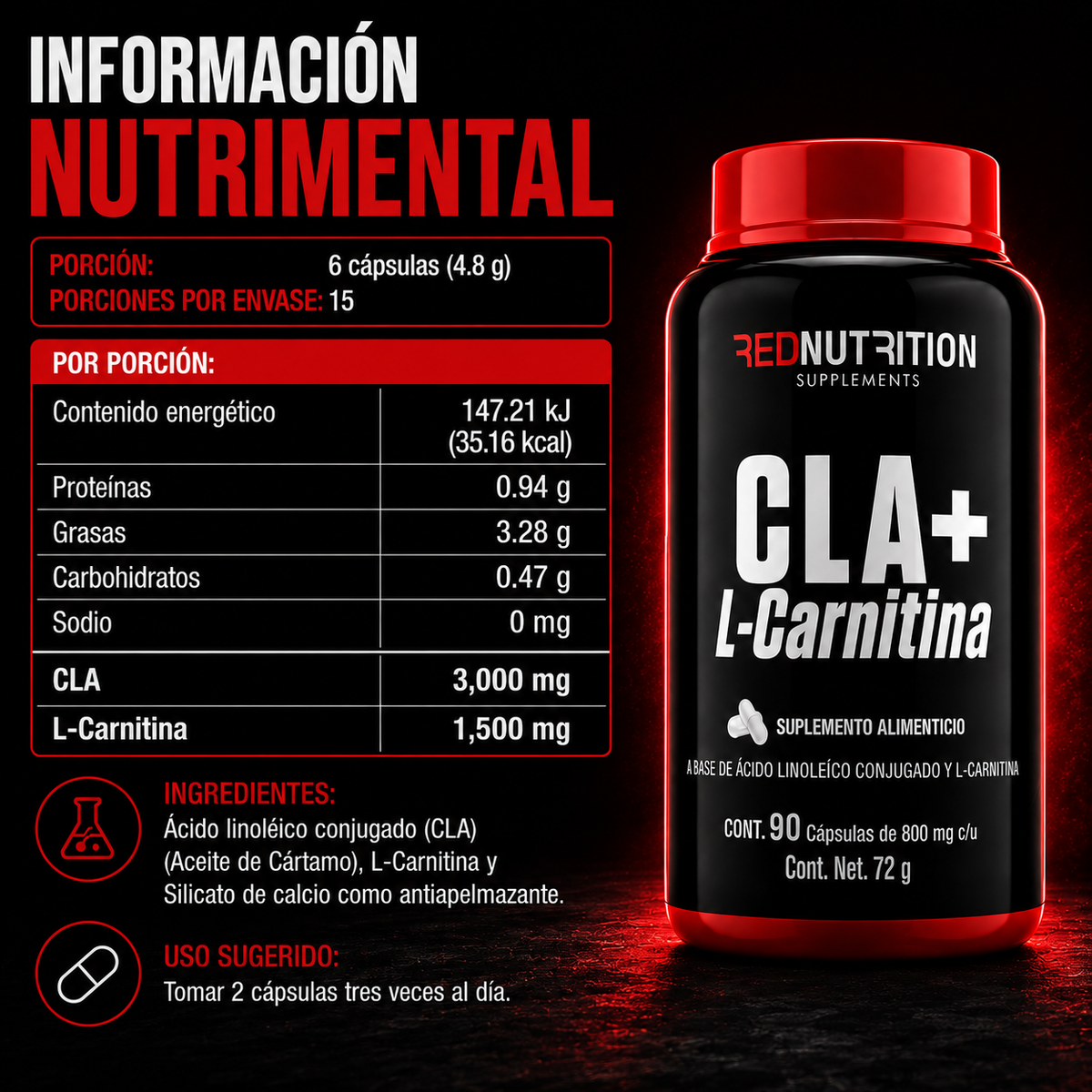RED CLA + L-Carnitina | 90 cáps | 800mg c/u | 45 porciones