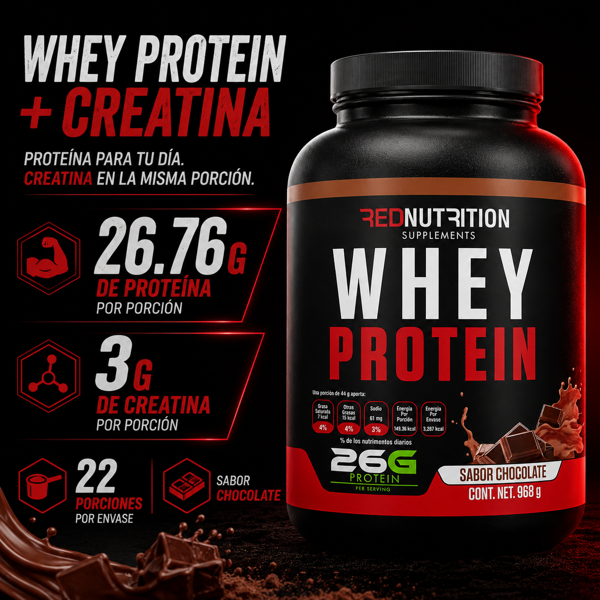 RED Whey Protein + Creatina | 968g | Sabor Chocolate | 22 porciones