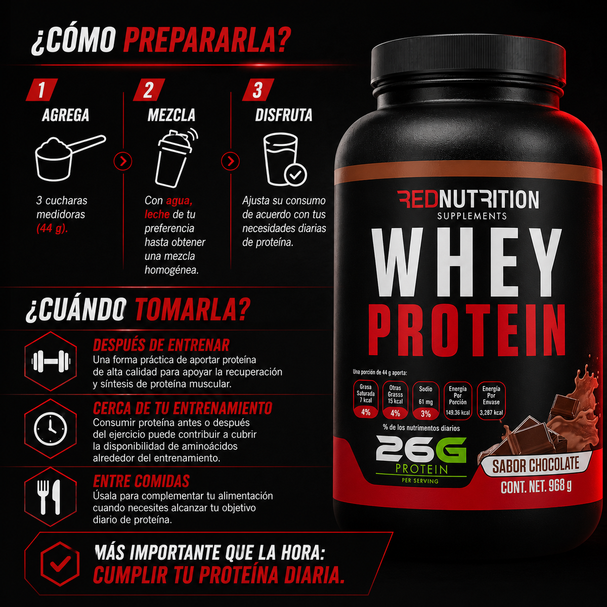 RED Whey Protein + Creatina | 968g | Sabor Chocolate | 22 porciones