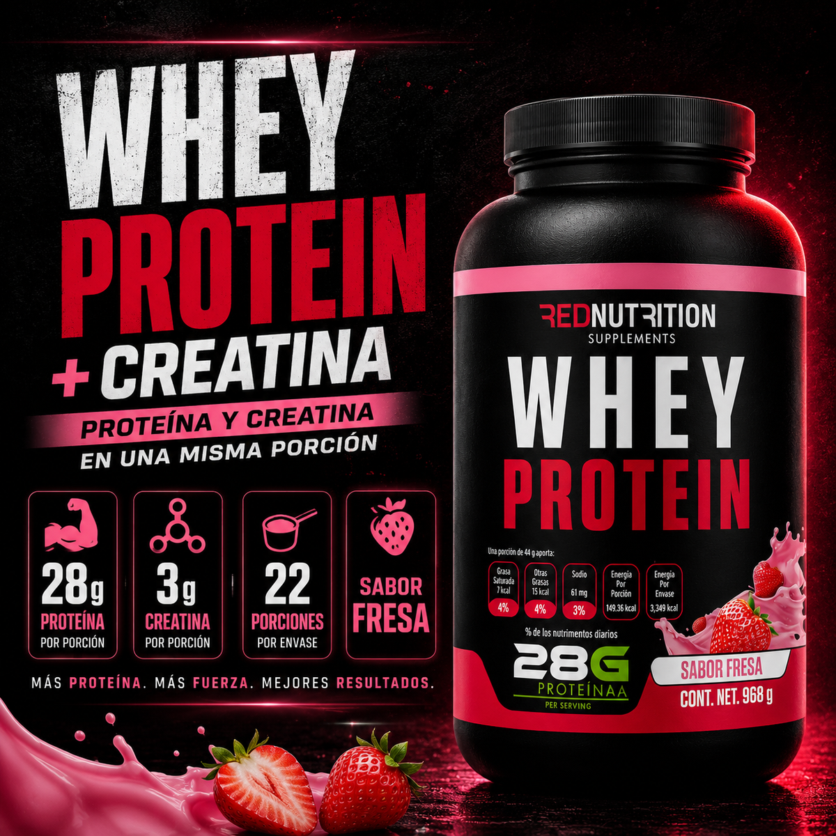 RED Whey Protein + Creatina | 968g | Sabor Fresa | 22 porciones