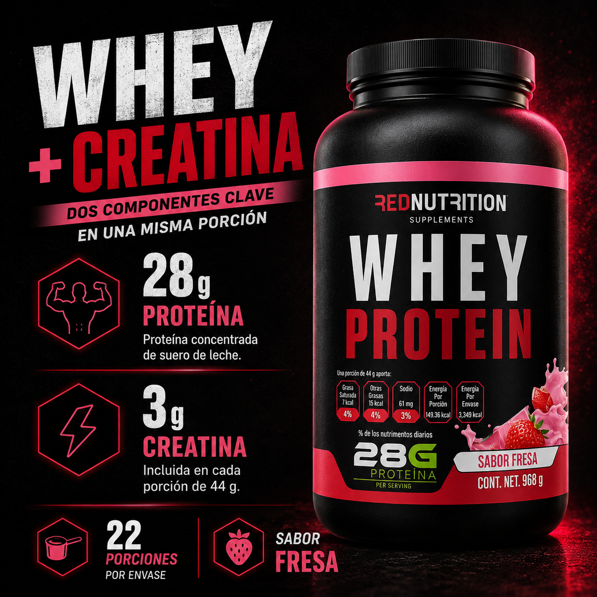 RED Whey Protein + Creatina | 968g | Sabor Fresa | 22 porciones
