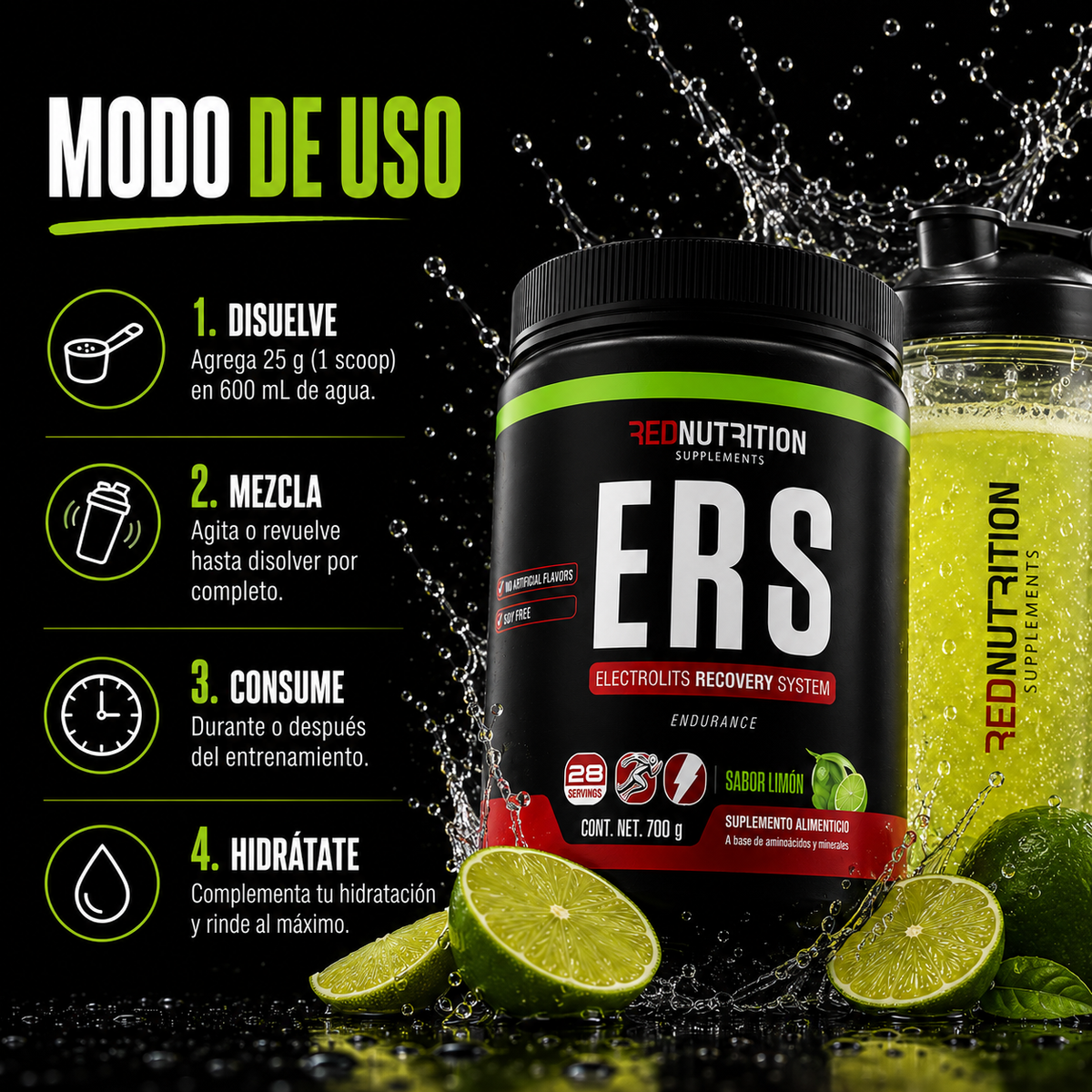 RED ERS — Electrolitos en Polvo | 700g | Sabor Limón | 28 Porciones