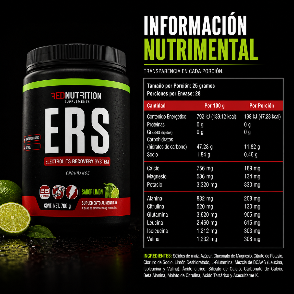RED ERS — Electrolitos en Polvo | 700g | Sabor Limón | 28 Porciones