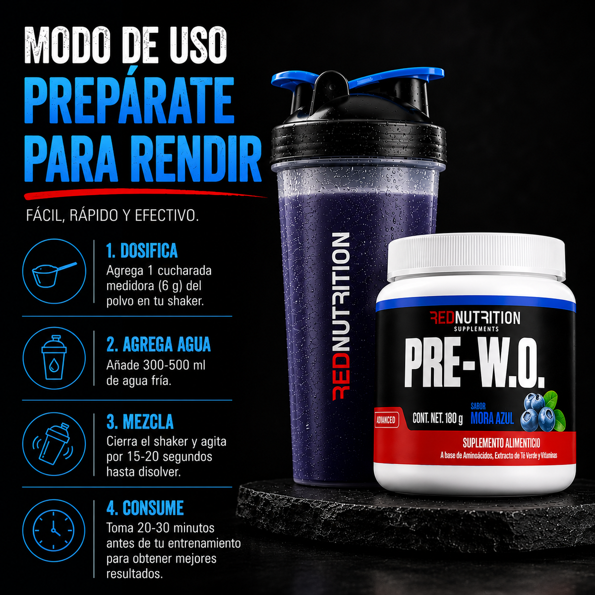 RED PRE-W.O. — Pre Entreno | 180g | Sabor Mora | 30 porciones