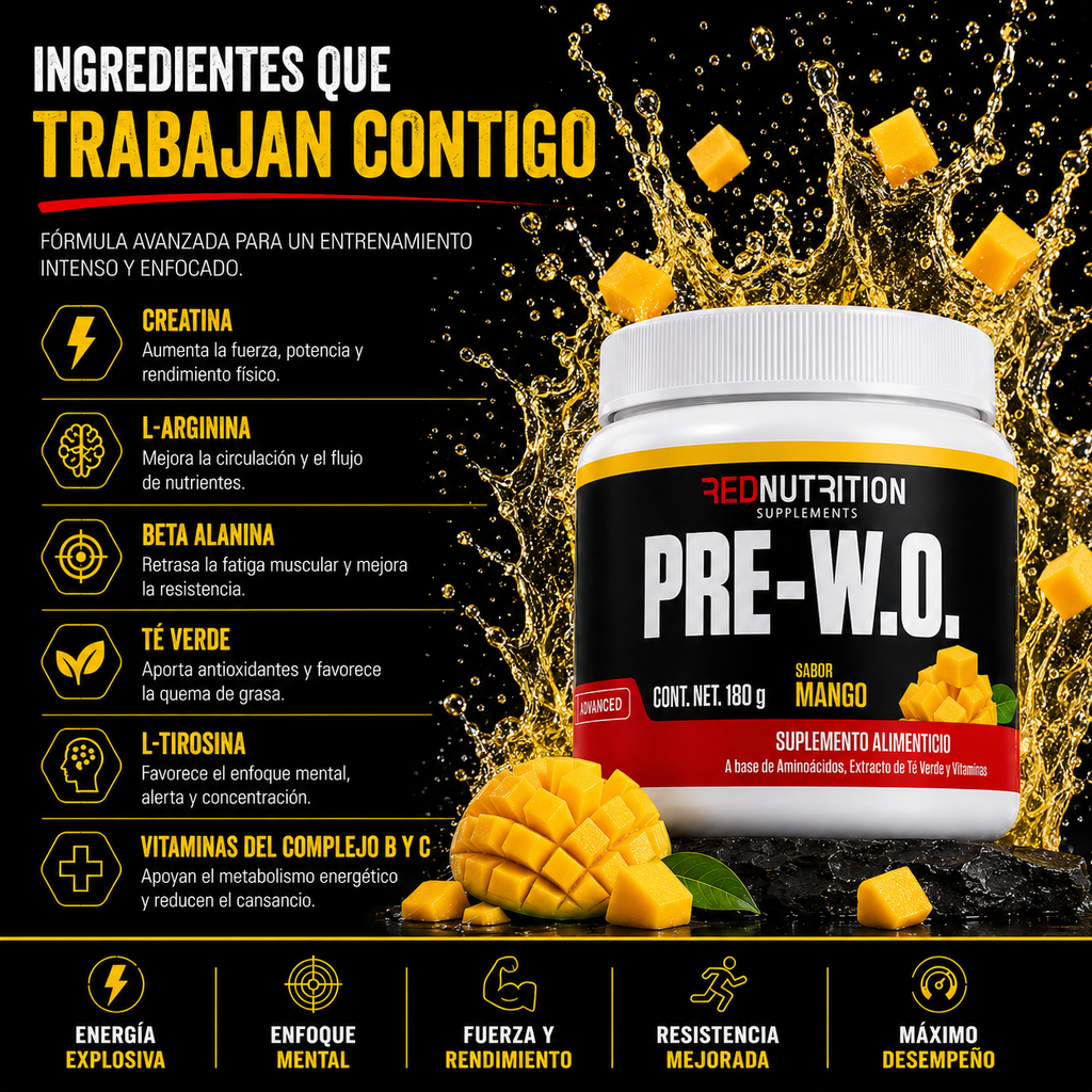 RED PRE-W.O. — Pre Entreno | 180g | Sabor Mango | 30 porciones