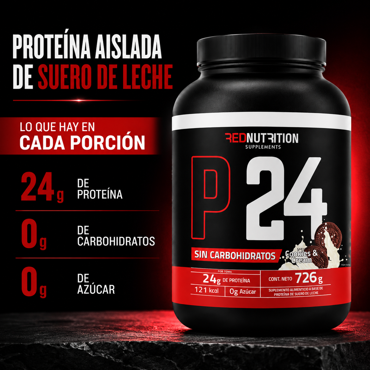 RED Proteína Aislada | 726g | Cookies & Cream| 24gr proteína por servicio | 22 porciones