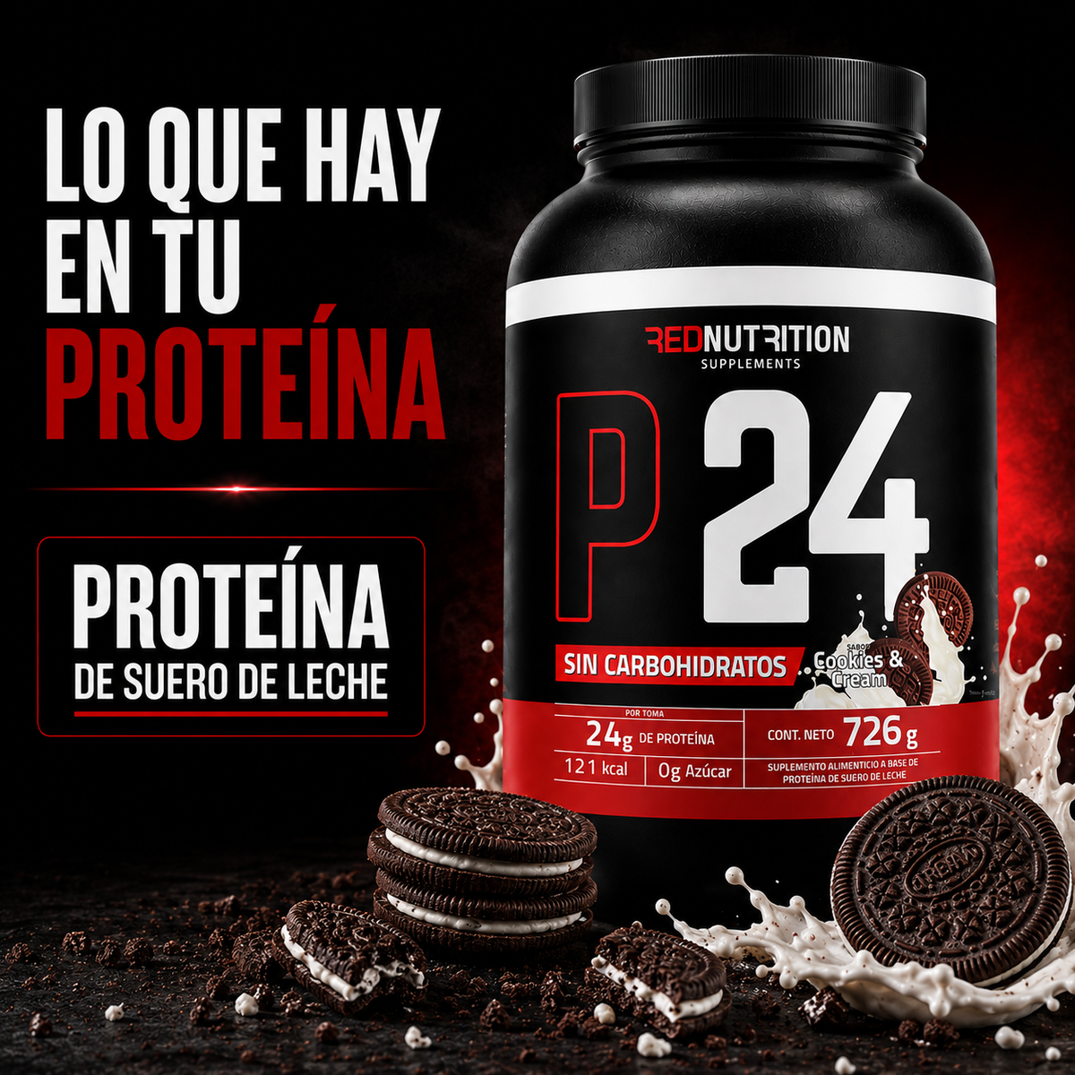 RED Proteína Aislada | 726g | Cookies & Cream| 24gr proteína por servicio | 22 porciones