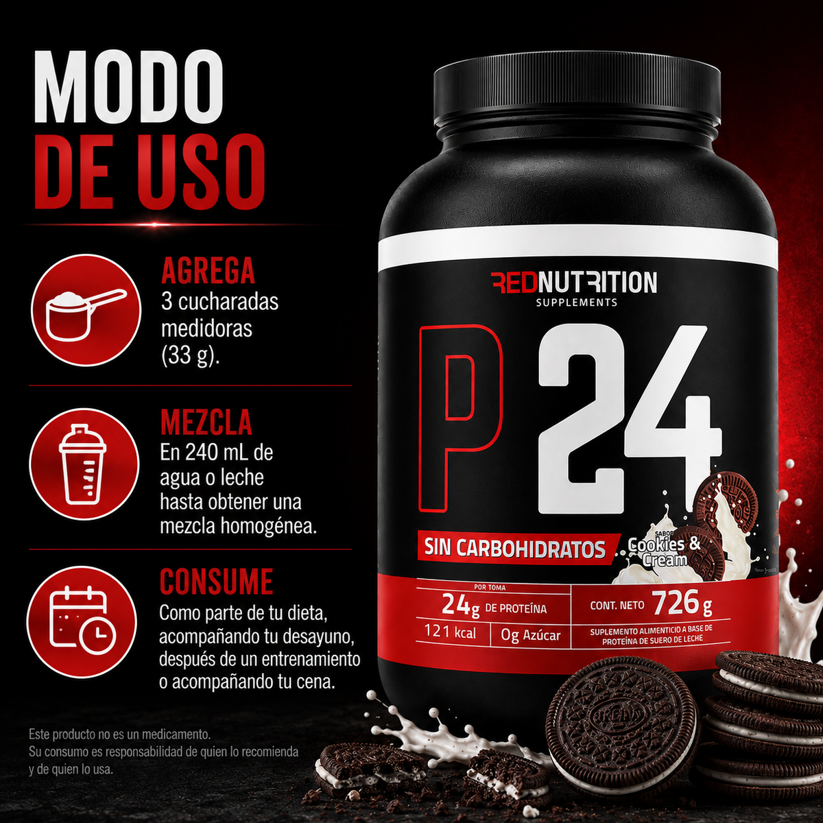 RED Proteína Aislada | 726g | Cookies & Cream| 24gr proteína por servicio | 22 porciones
