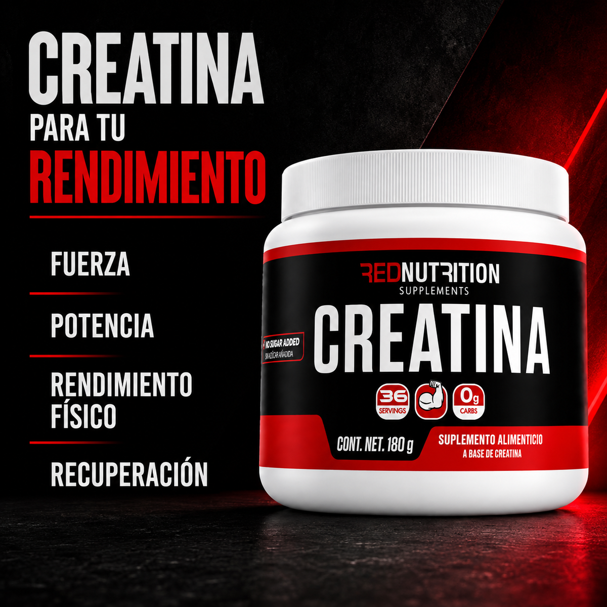 RED Creatina Monohidratada | 180g | Sin Sabor | 5gr de creatina por servicio | 36 porciones