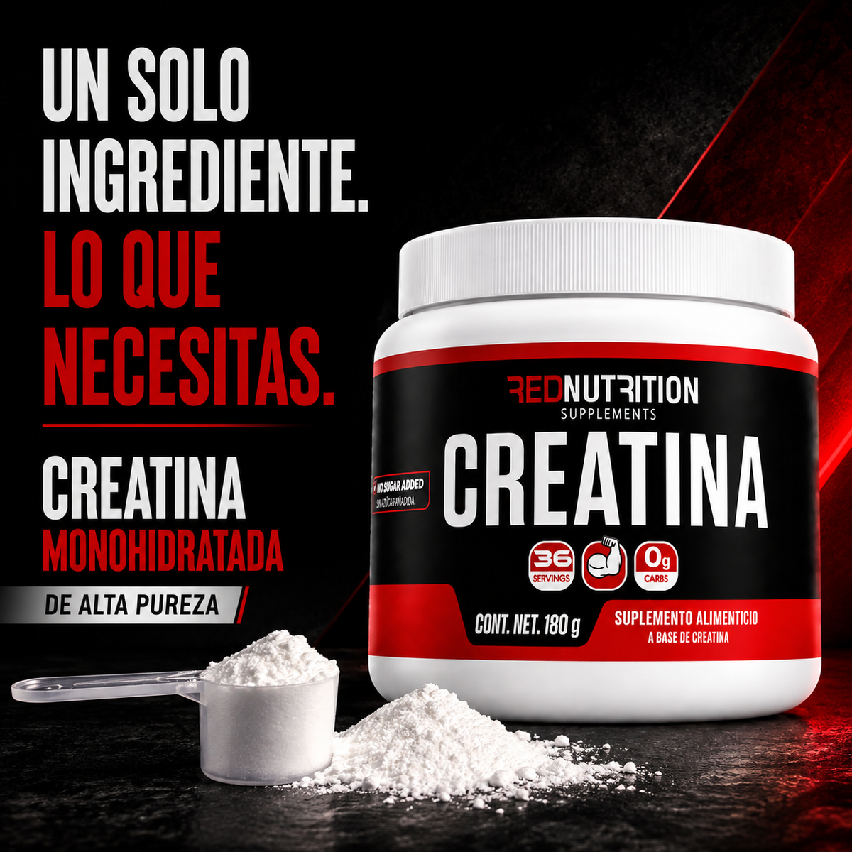 RED Creatina Monohidratada | 180g | Sin Sabor | 5gr de creatina por servicio | 36 porciones