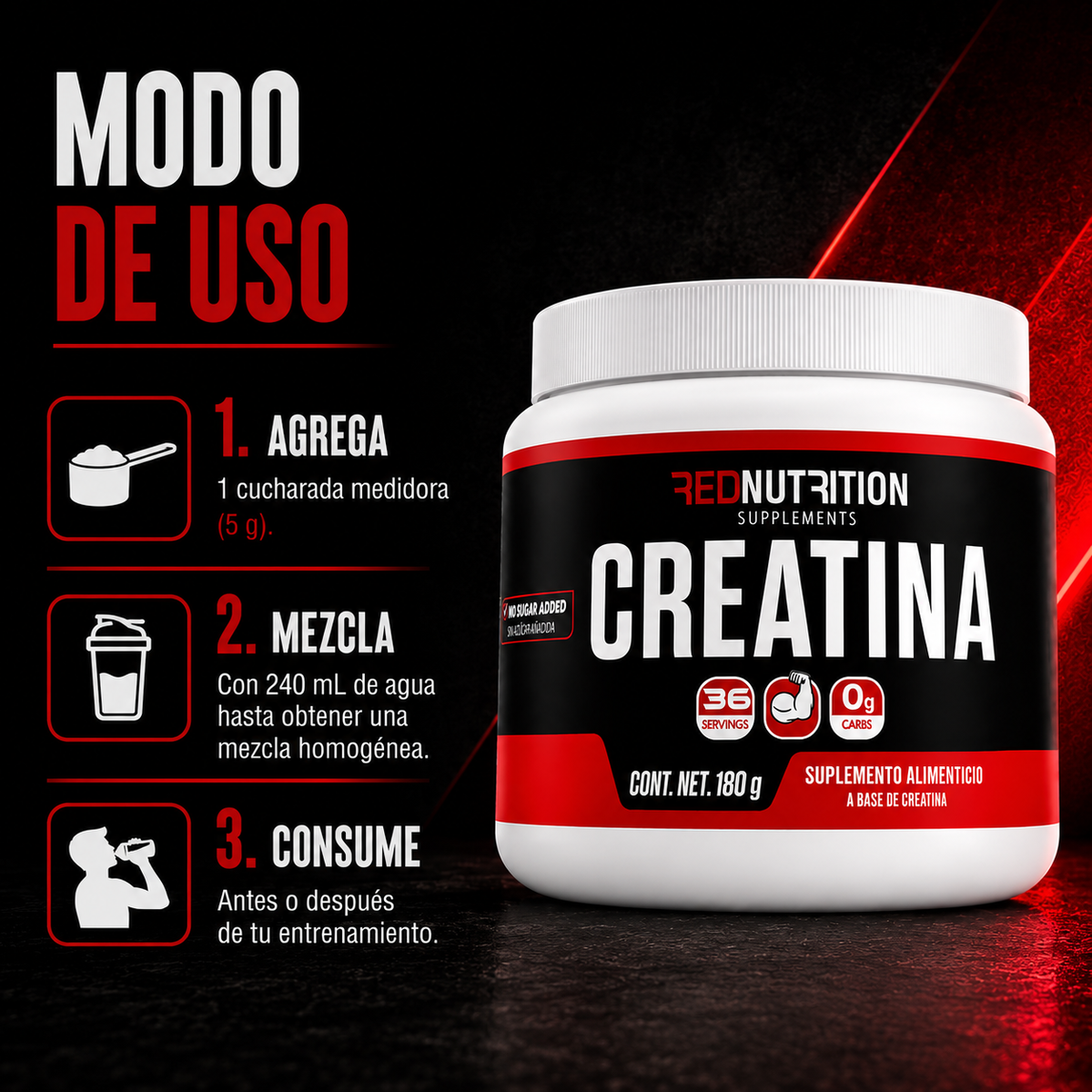 RED Creatina Monohidratada | 180g | Sin Sabor | 5gr de creatina por servicio | 36 porciones