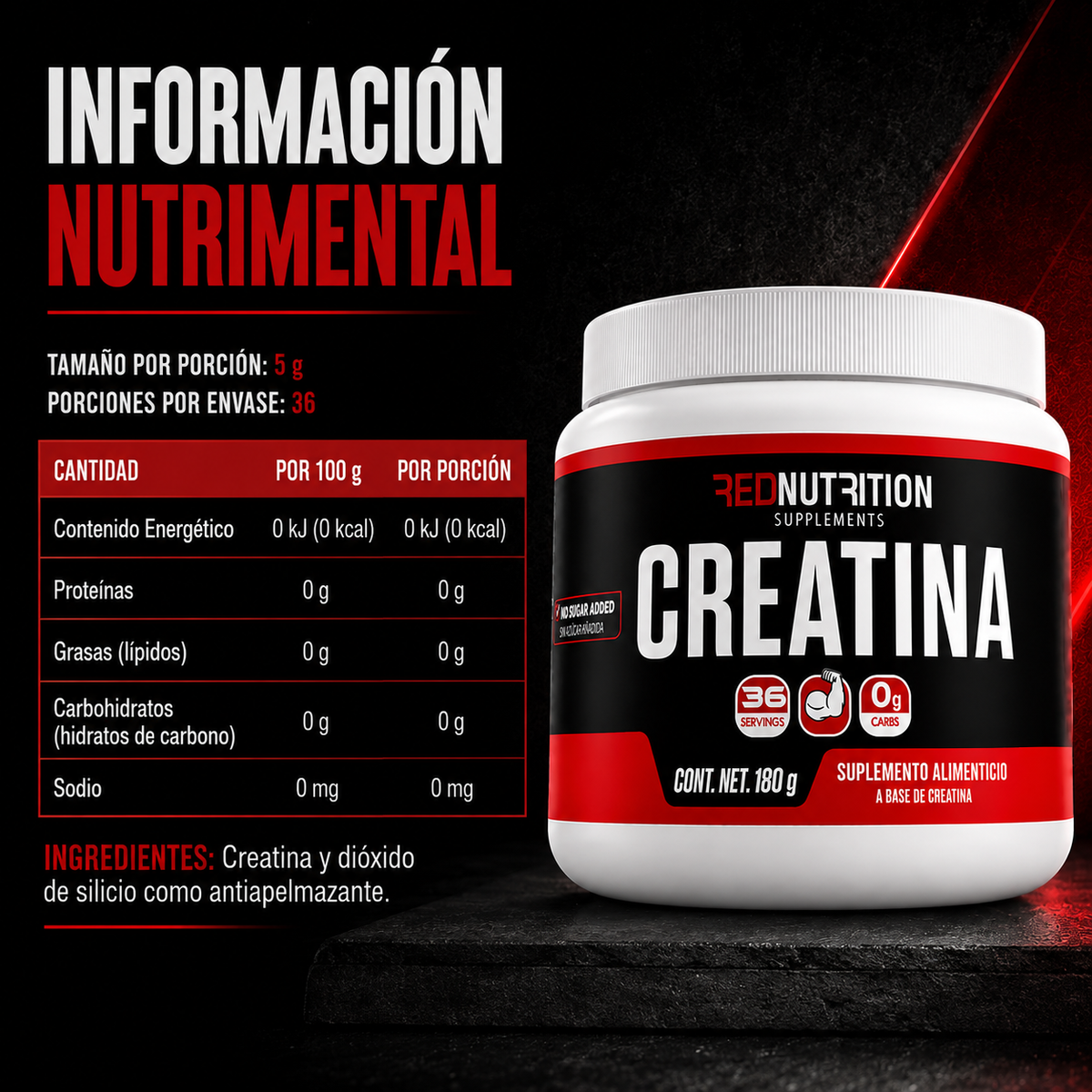 RED Creatina Monohidratada | 180g | Sin Sabor | 5gr de creatina por servicio | 36 porciones