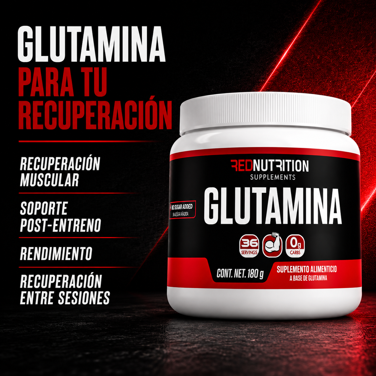 RED  L-Glutamina | 180g | Sin Sabor  | 36 porciones