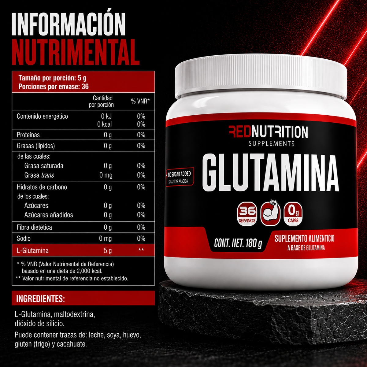 RED  L-Glutamina | 180g | Sin Sabor  | 36 porciones