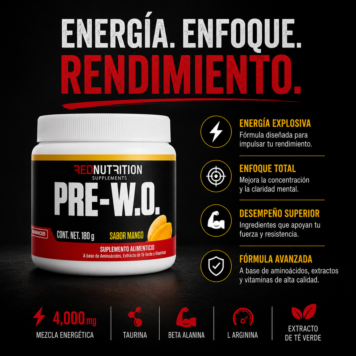 RED PRE-W.O. — Pre Entreno | 180g | Sabor Mango | 30 porciones