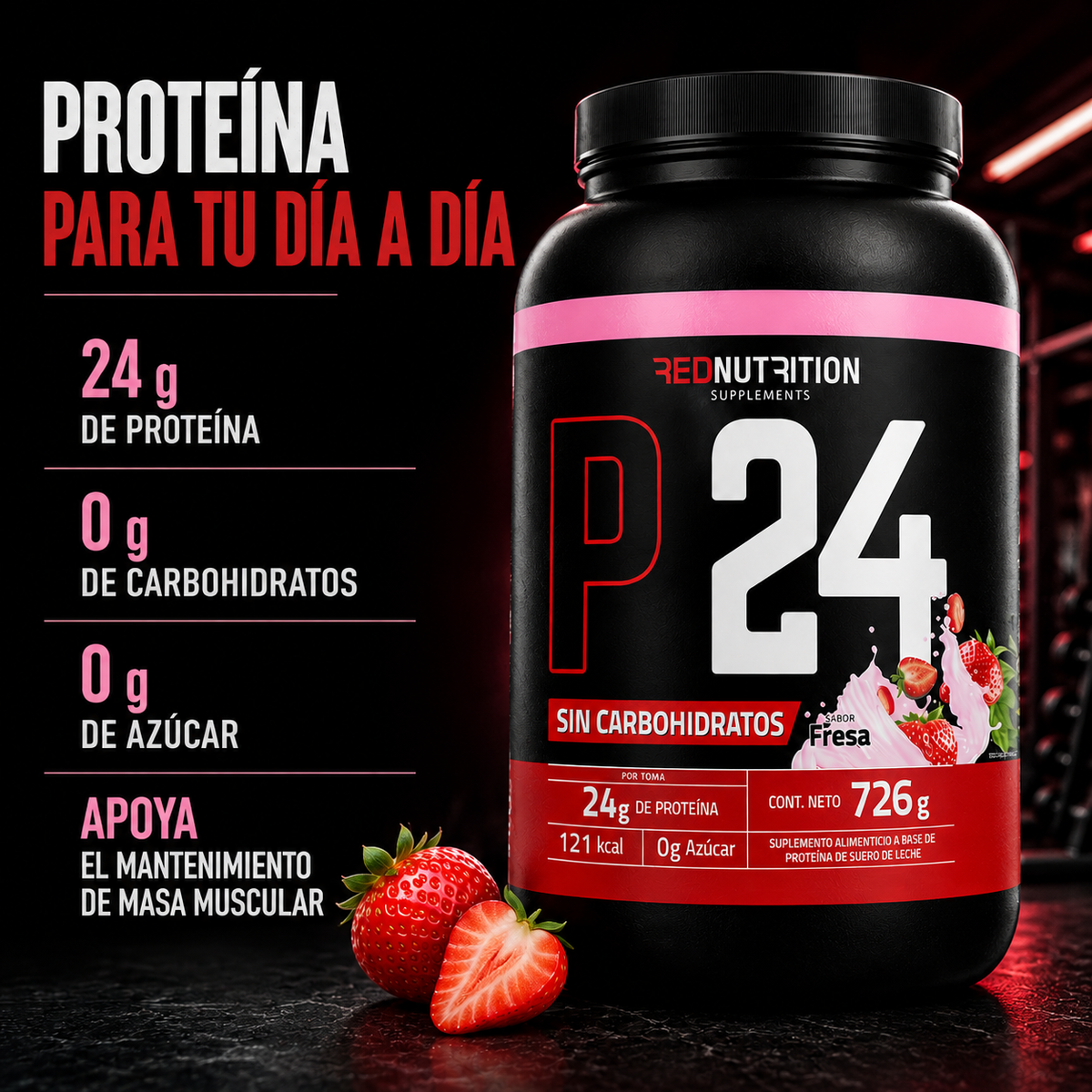 RED Proteína Aislada | 726g | Fresa | 24gr proteína por servicio | 22 porciones