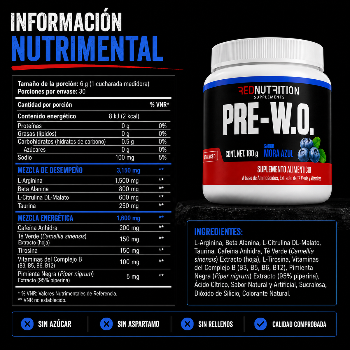 RED PRE-W.O. — Pre Entreno | 180g | Sabor Mora | 30 porciones
