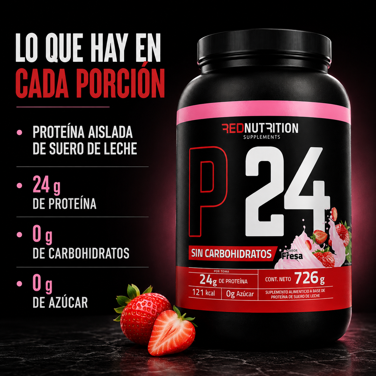 RED Proteína Aislada | 726g | Fresa | 24gr proteína por servicio | 22 porciones