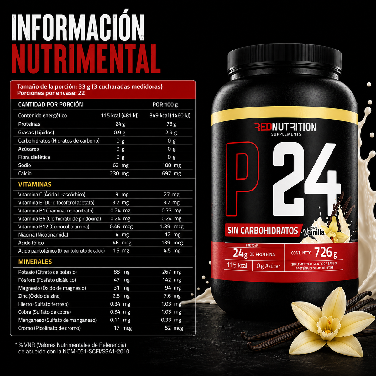 RED Proteína Aislada | 726g | Vainilla Francesa | 24gr proteína por servicio | 22 porciones