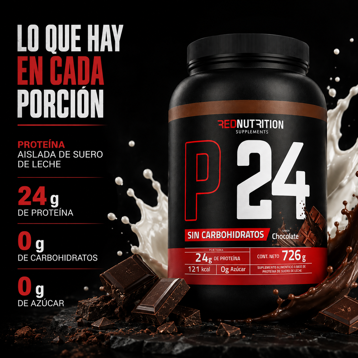 RED Proteína Aislada | 726g | Chocolate | 24gr proteína por servicio | 22 porciones