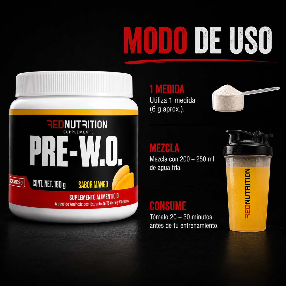 RED PRE-W.O. — Pre Entreno | 180g | Sabor Mango | 30 porciones