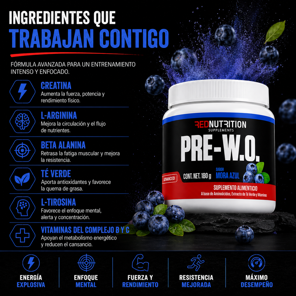 RED PRE-W.O. — Pre Entreno | 180g | Sabor Mora | 30 porciones