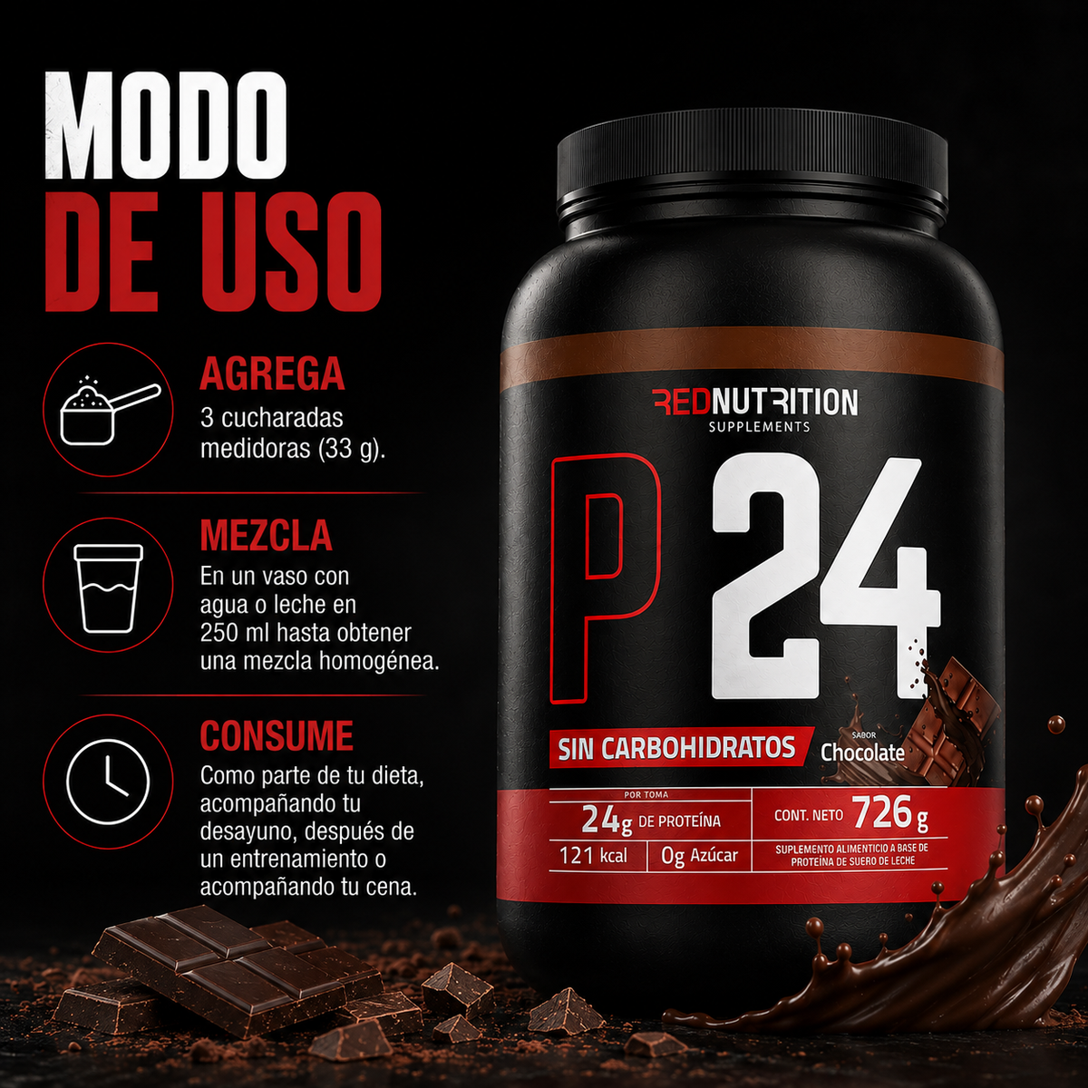 RED Proteína Aislada | 726g | Chocolate | 24gr proteína por servicio | 22 porciones