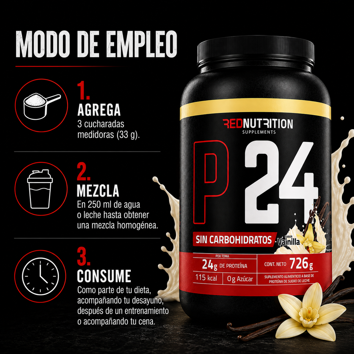 RED Proteína Aislada | 726g | Vainilla Francesa | 24gr proteína por servicio | 22 porciones