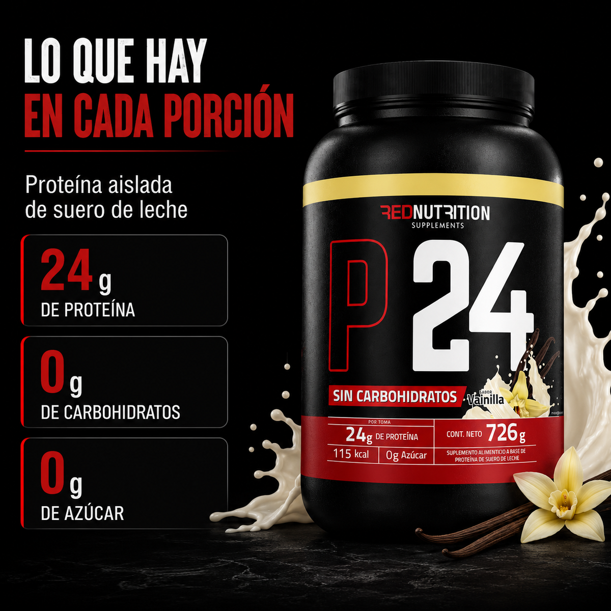 RED Proteína Aislada | 726g | Vainilla Francesa | 24gr proteína por servicio | 22 porciones